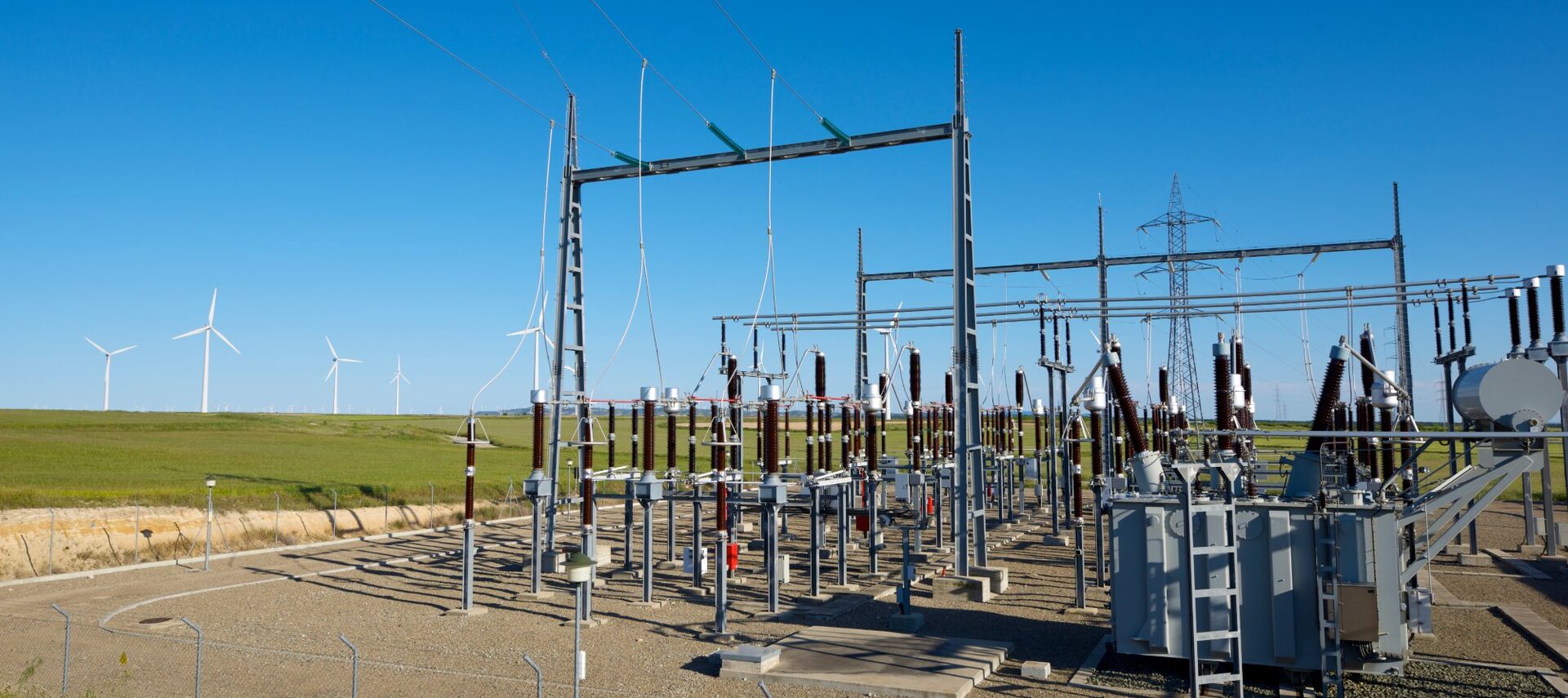 Electrical substation with wind turbines — progressive energy infrastructure