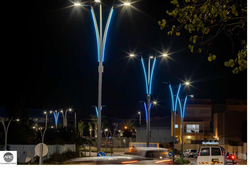 Decorative LED boulevard lighting poles with blue accent illumination