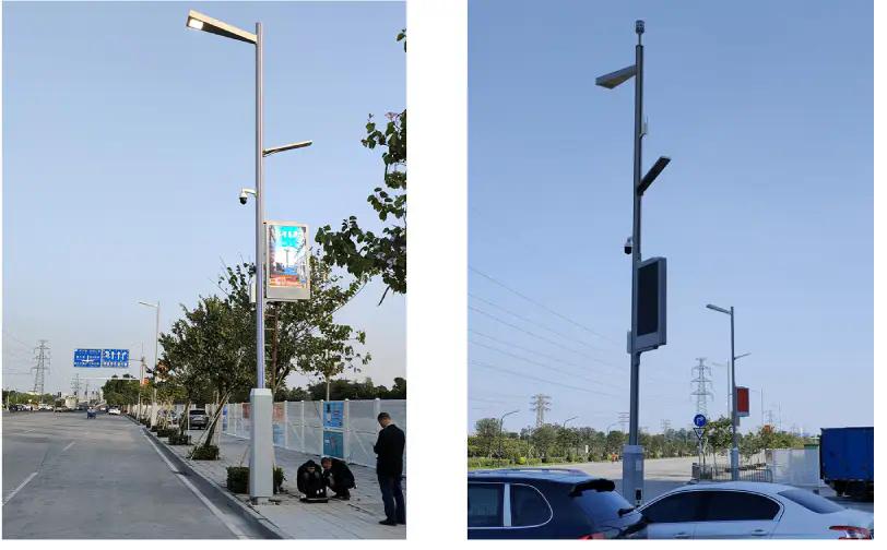 Smart city integrated pole with LED CCTV WiFi sensors and digital signage